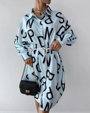 Women's Long Sleeve Letter Print Shirt Dress – Trendy Oversized - MRC STORE