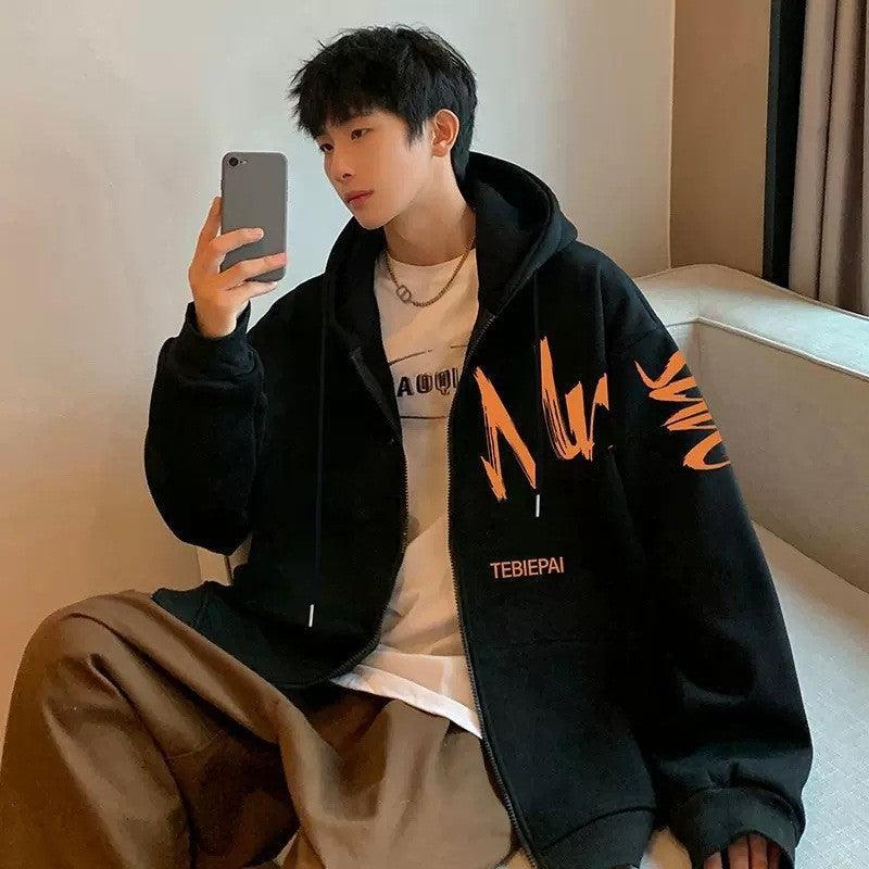 Hong Kong Style Letter Printed Full Zip Hoodie – Cozy & Stylish Outerwear for Youth - MRC STORE