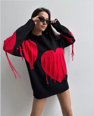 Love Pattern Round Neck Pullover Sweater - MRC STORE