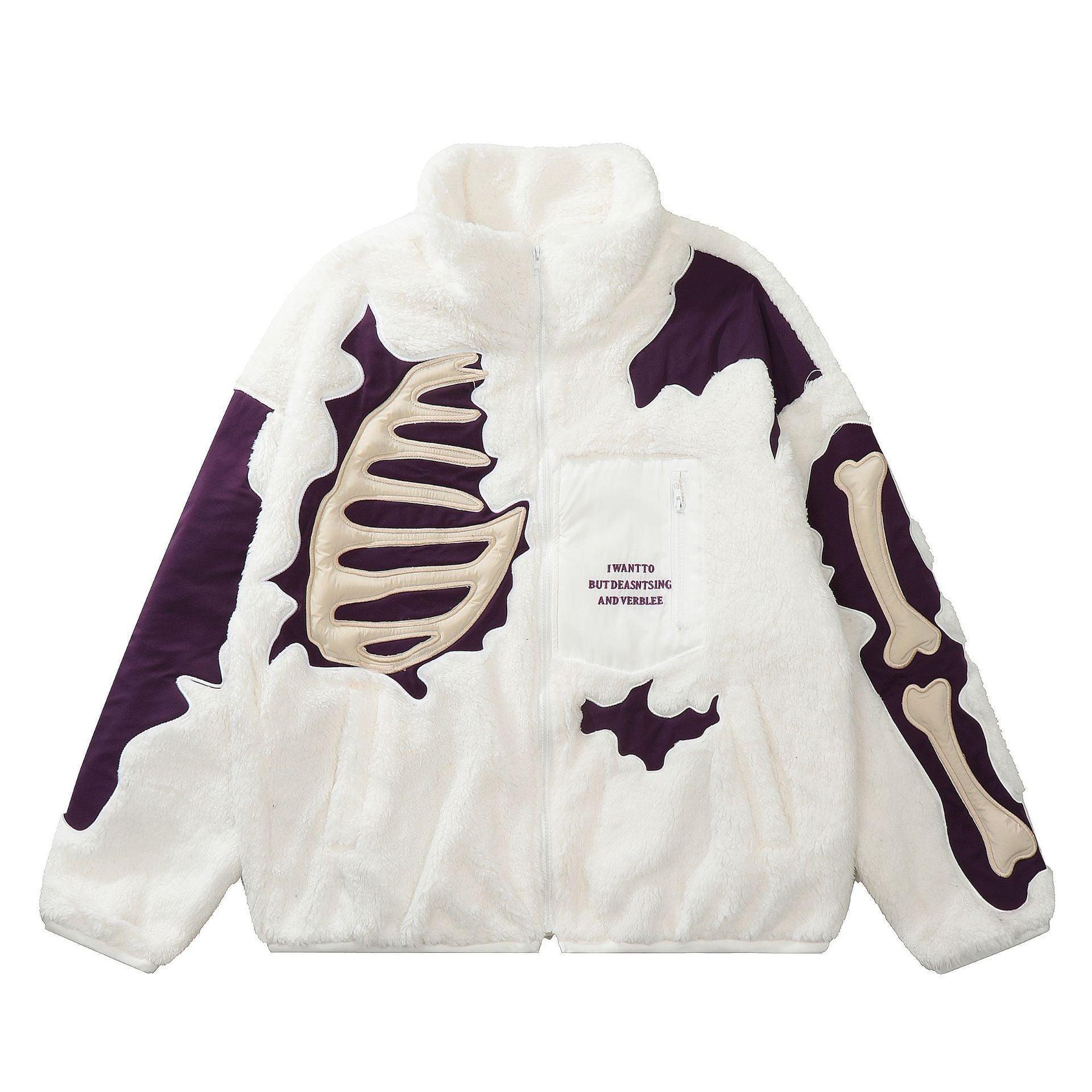 Lamb Wool Stitching Skeleton Embroidered Cotton-Padded Winter Coat - American Retro Style - MRC STORE