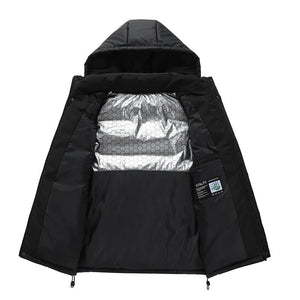 Black jacket with reflective inner lining on a white background