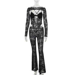 Slim-Fit Lace Long-Sleeved Jumpsuit Bold and Elegant in Black - MRC STORE