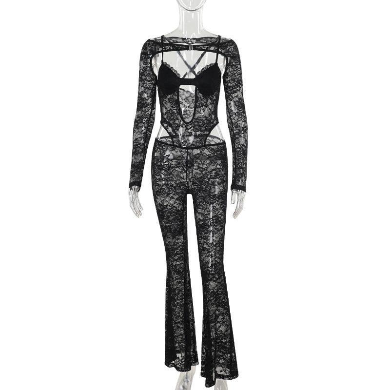 Slim-Fit Lace Long-Sleeved Jumpsuit Bold and Elegant in Black - MRC STORE