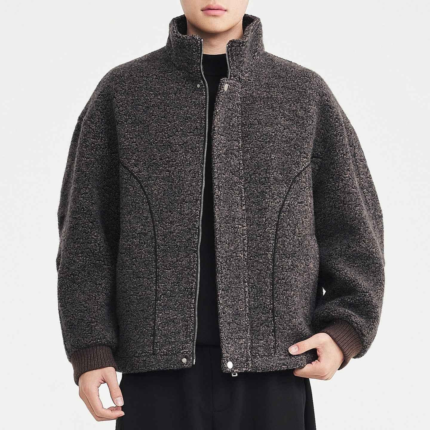 Wool Circle-Weave Stand Collar Overcoat