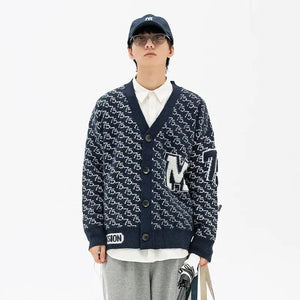 Jacquard Letter V-Neck Fashion Cardigan Sweater - MRC STORE