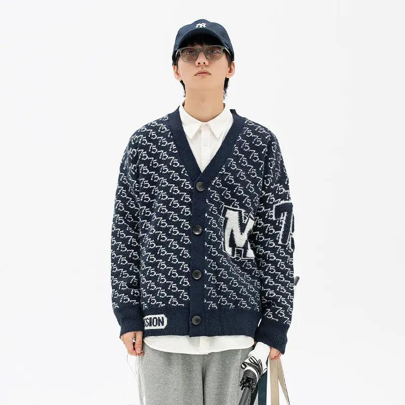 Jacquard Letter V-Neck Fashion Cardigan Sweater - MRC STORE