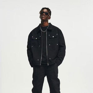 Men's Black Washed Denim Jacket with Zipper and Pocket Detailing - Retro Streetwear Style - MRC STORE