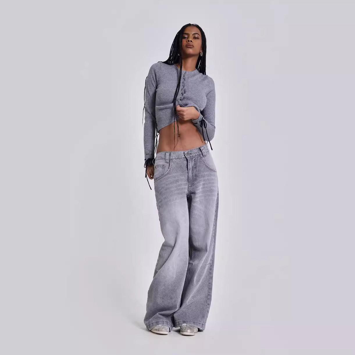 Gray Y2K Washed Distressed Casual Straight-Leg Jeans - MRC STORE