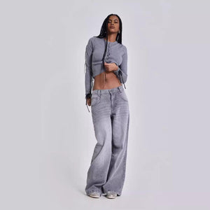 Gray Y2K Washed Distressed Casual Straight-Leg Jeans - MRC STORE
