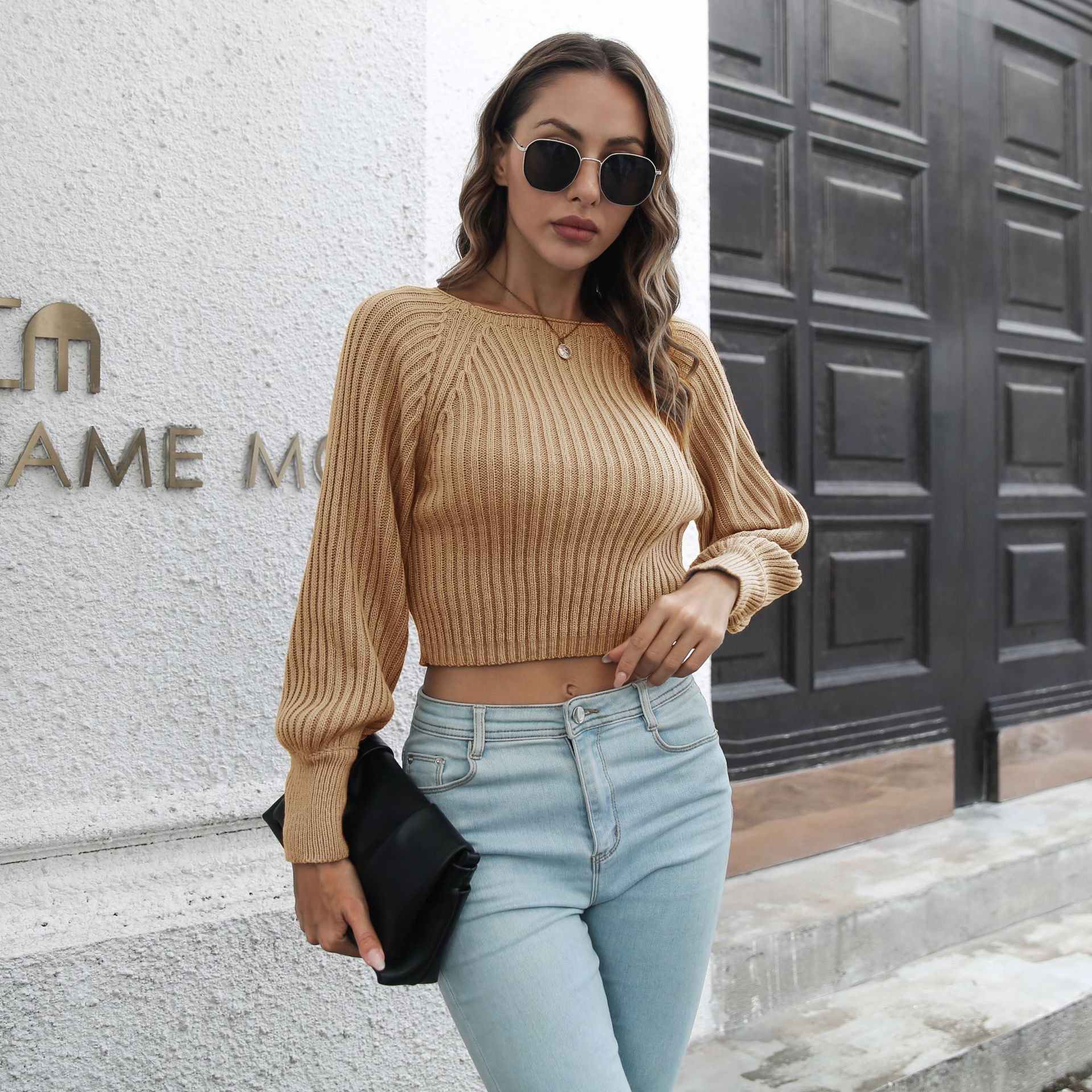 Sunken Stripe Raglan Sleeve Short Sweater MRC STORE