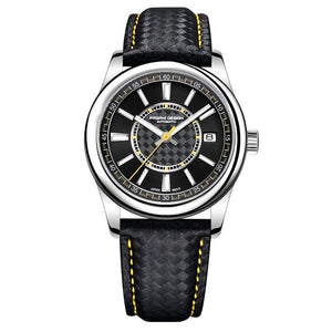 Watch with black strap and black dial on a white background