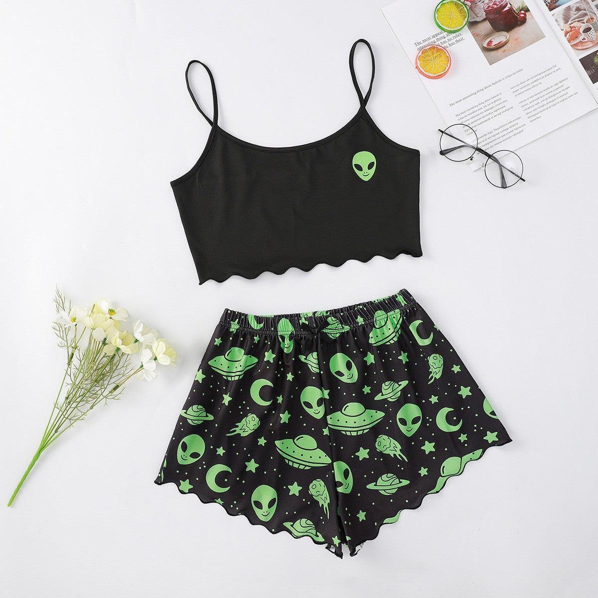 Halloween Pumpkin Print Sleeveless Sling Top and Shorts Pajama Set - MRC STORE