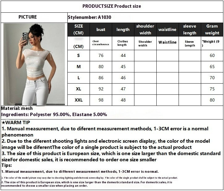 Women’s Sequined T-Shirt - Off-Shoulder Mesh My Store