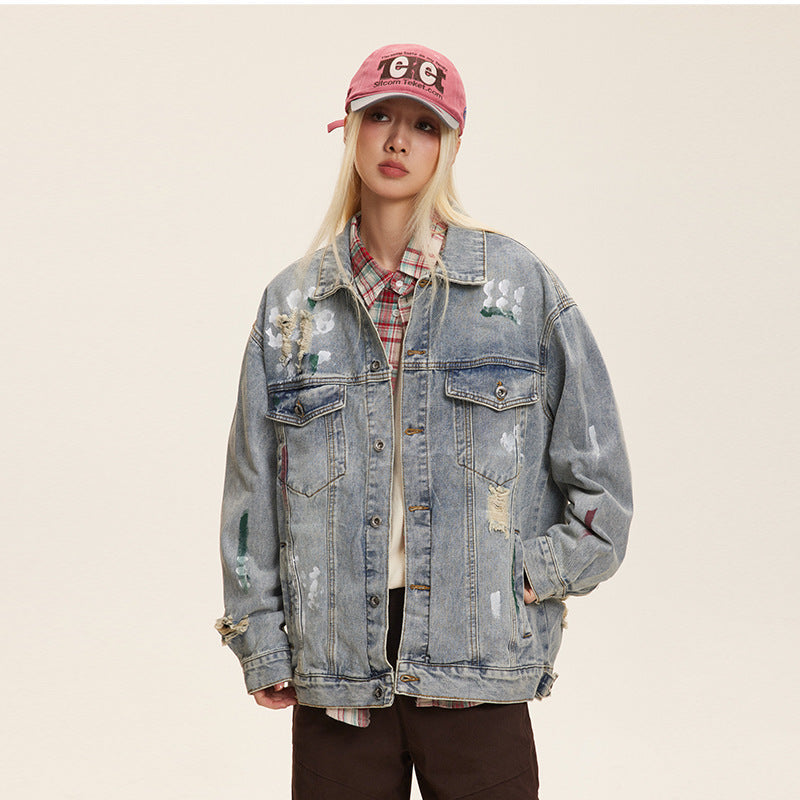 Unisex Washed Graffiti Ripped Denim Jacket - Retro My Store 39.00
