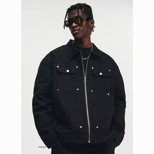 Men's Black Washed Denim Jacket with Zipper and Pocket Detailing - Retro Streetwear Style - MRC STORE