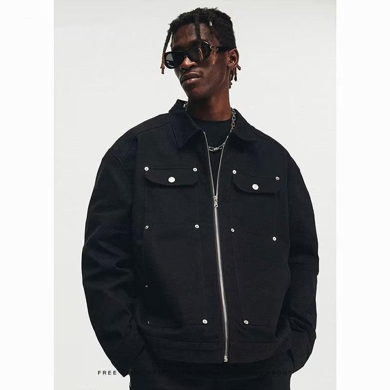 Men's Black Washed Denim Jacket with Zipper and Pocket Detailing - Retro Streetwear Style - MRC STORE