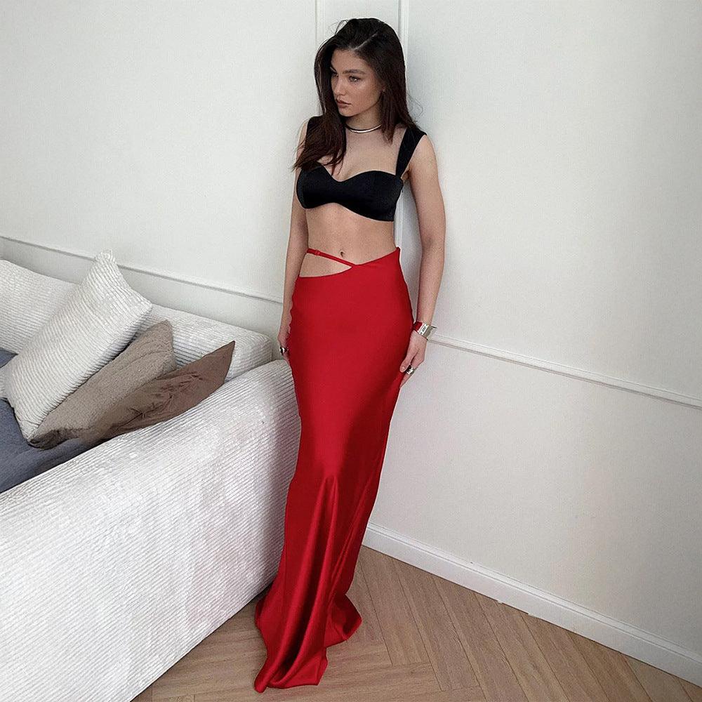 Solid Color Hollow-Out Bodycon Skirt Maxi Skirt – Elegant Polyester Long Skirt for Sophisticated Commute - MRC STORE