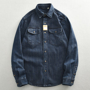 Men’s Denim Shirt - Striped Dark Blue Coat My Store  35.28