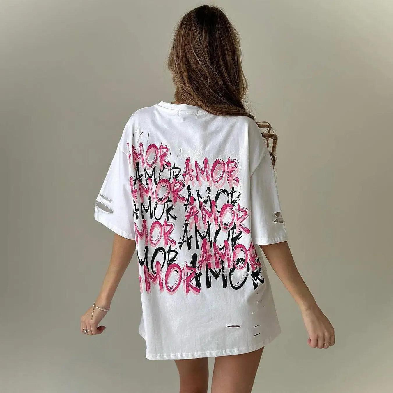 Tatted Letter Print T-Shirt - MRC STORE