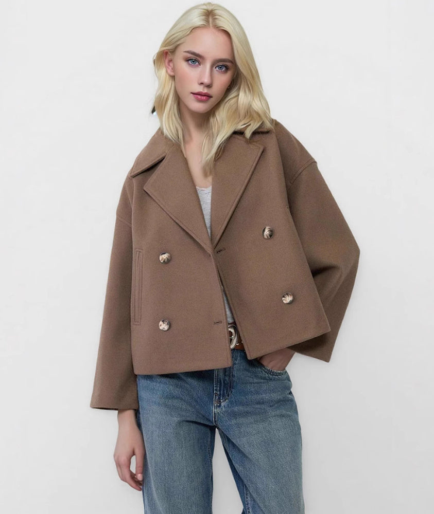 Woman wearing a brown coat with color swatches on a white background