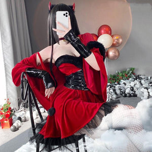 Halloween Witch Tabard Costume - Velvet 4-Piece Set with Cloak, Belt, Gloves & Dress - MRC STORE