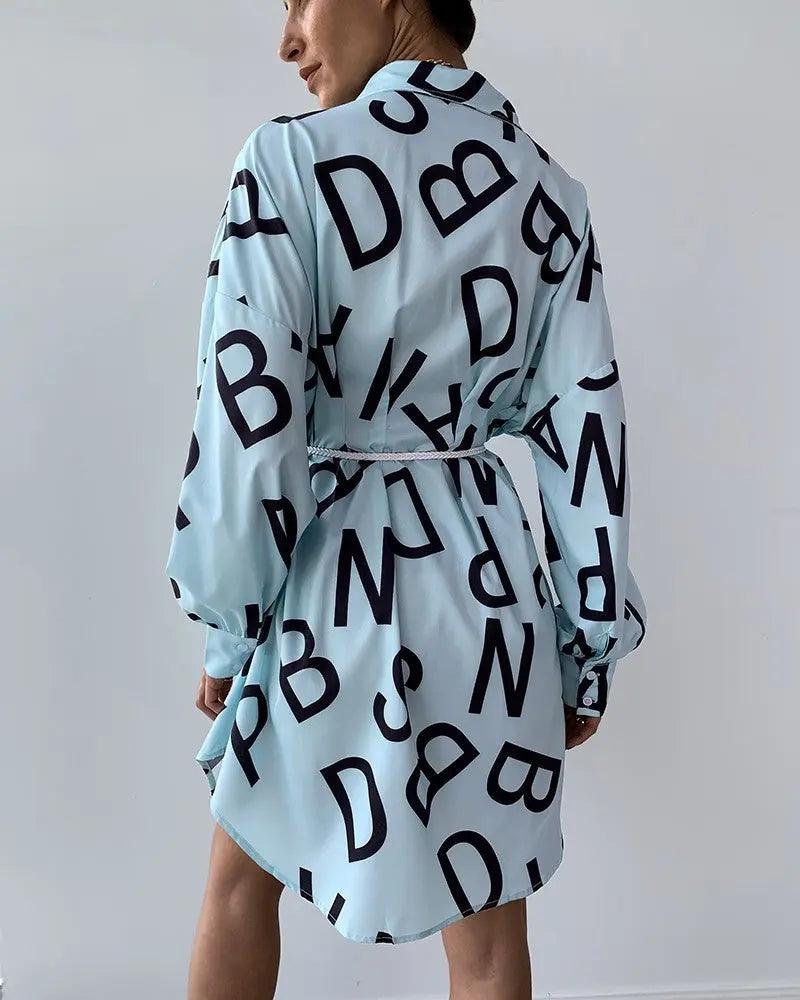 Women's Long Sleeve Letter Print Shirt Dress – Trendy Oversized - MRC STORE