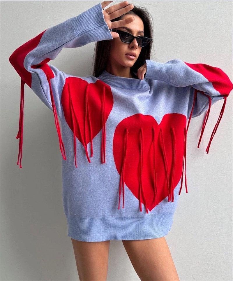 Love Pattern Round Neck Pullover Sweater - MRC STORE