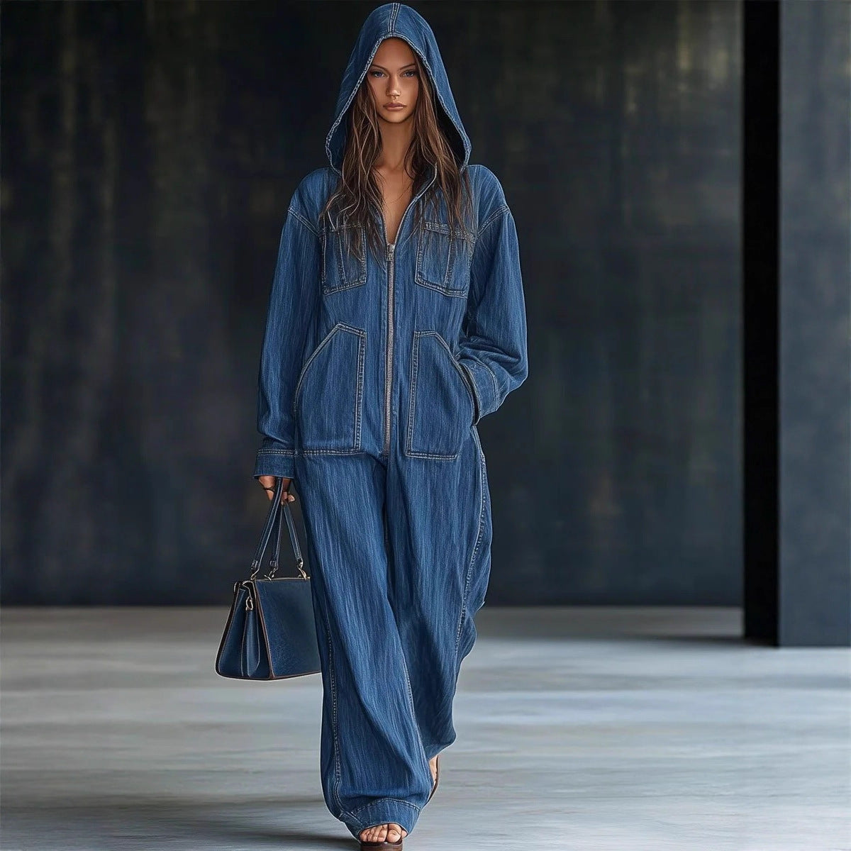 Model wearing a blue denim outfit with a hood on a runway.