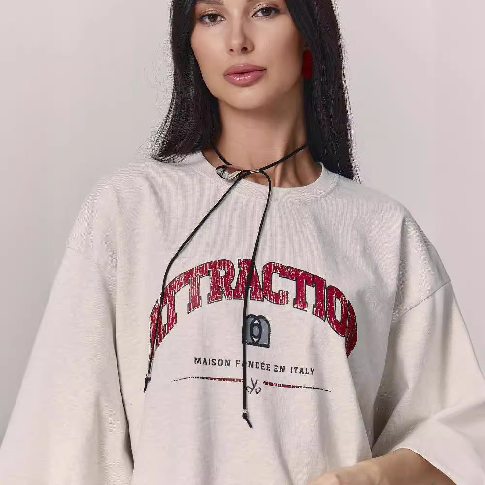 Women’s Letter T-Shirt - Loose Shoulder Printed Top My Store