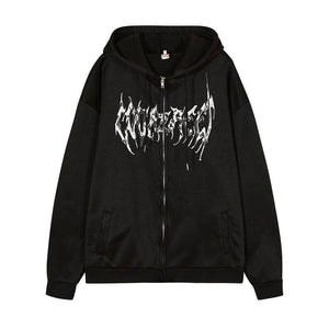 Hooded Zipper Letter Butterfly Print Fleece Cardigan Sweatshirt - Black - MRC STORE