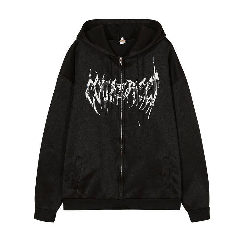 Hooded Zipper Letter Butterfly Print Fleece Cardigan Sweatshirt - Black - MRC STORE