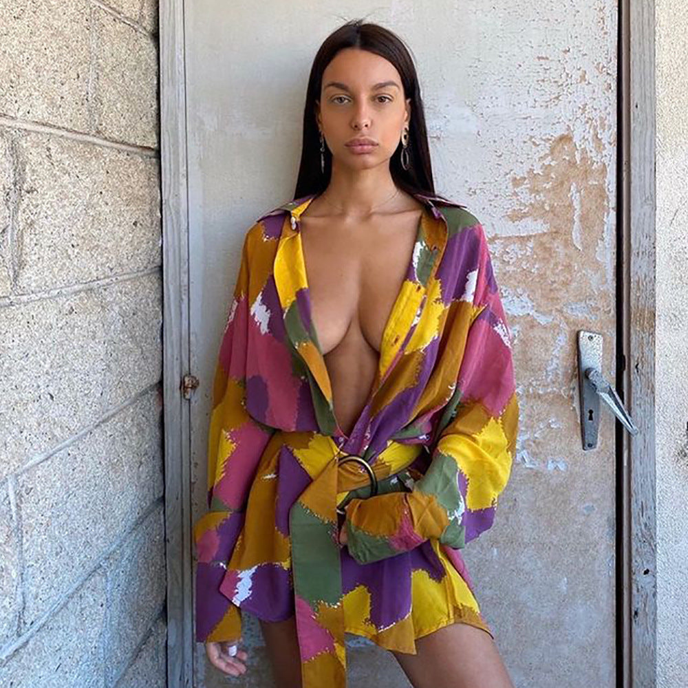 Women’s Shirt Dress - Printed V-Neck Long My Store