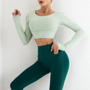Yoga Clothing Set with Hollow Back Long Sleeve Top and High Waist Hip Pants – Comfortable and Stylish - MRC STORE