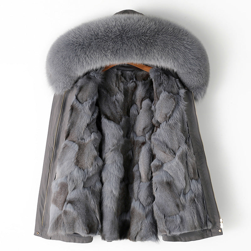 Gray fur vest with a hood on a white background