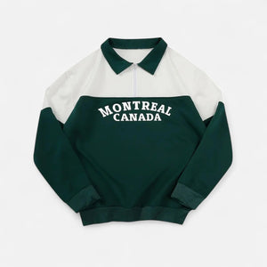 Green and white sweatshirt with 'Montreal Canada' text on a light gray background