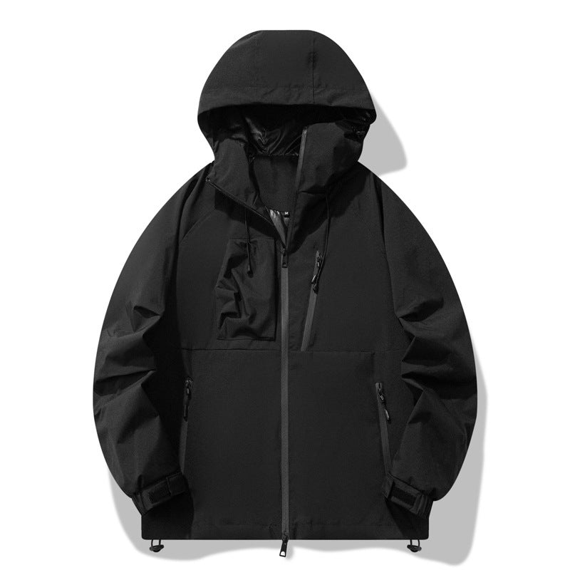 Black jacket with a hood on a white background
