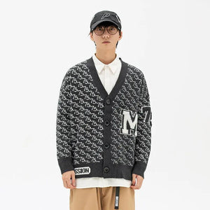 Jacquard Letter V-Neck Fashion Cardigan Sweater - MRC STORE