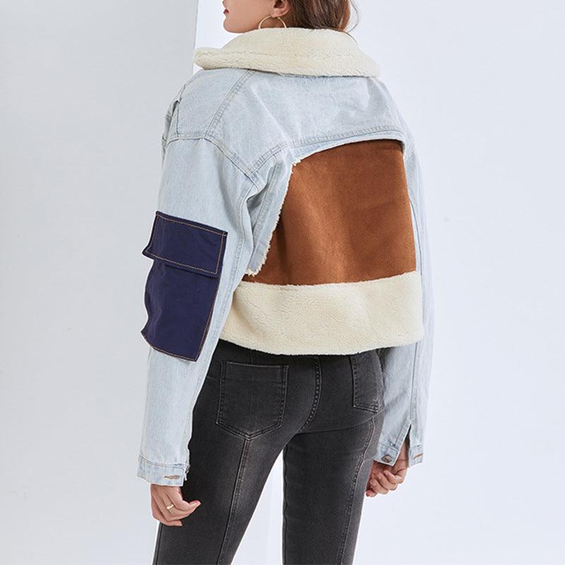 Fashion Stitching Loose Thick Casual Denim Lamb Wool Short Coat - MRC STORE