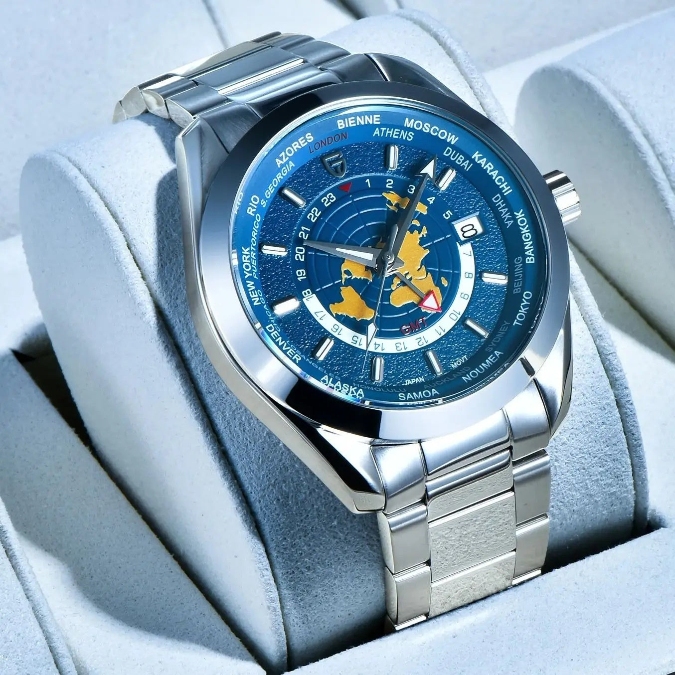 A Pagani Design 1788 GMT Automatic Watch with a stainless steel band and a blue dial featuring a world time display.