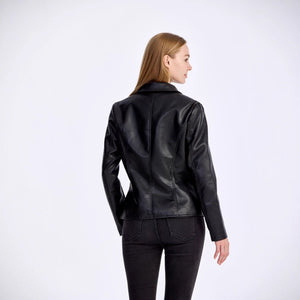 Woman wearing a black leather jacket on a white background