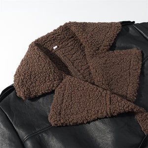 Brown sherpa lining on a black leather jacket