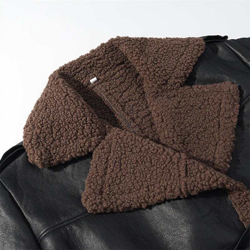 Brown sherpa lining on a black leather jacket
