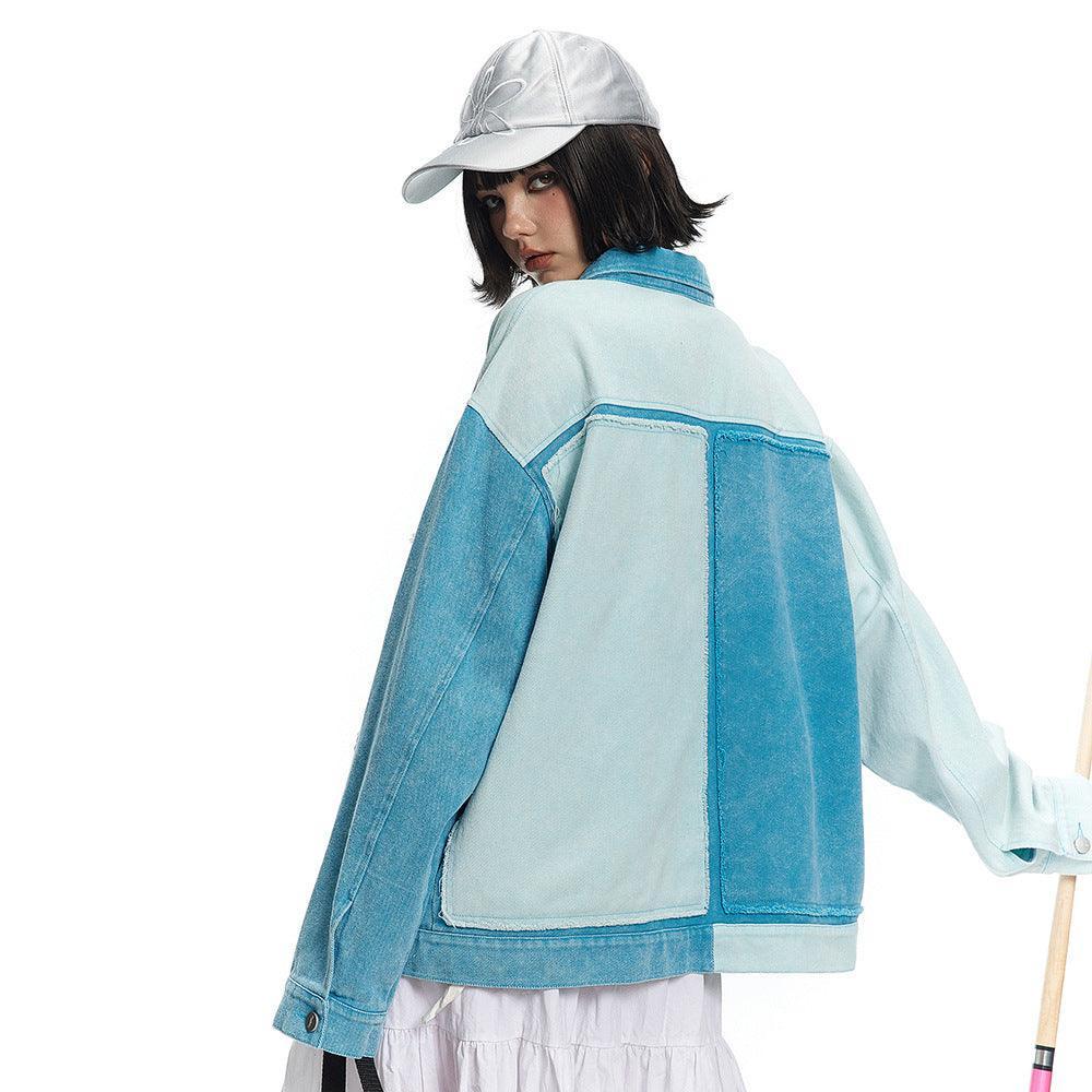 Irregular Color Contrast Patchwork Denim Jacket - MRC STORE