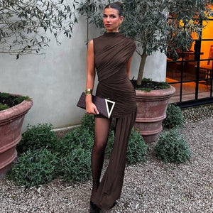 Women's Fashion Slim Round Neck Pleated Dress - Mid Waist My Store