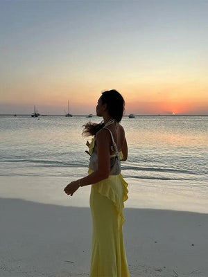 Yellow Halter Spaghetti Strap High Waist Skirt Suit - MRC STORE