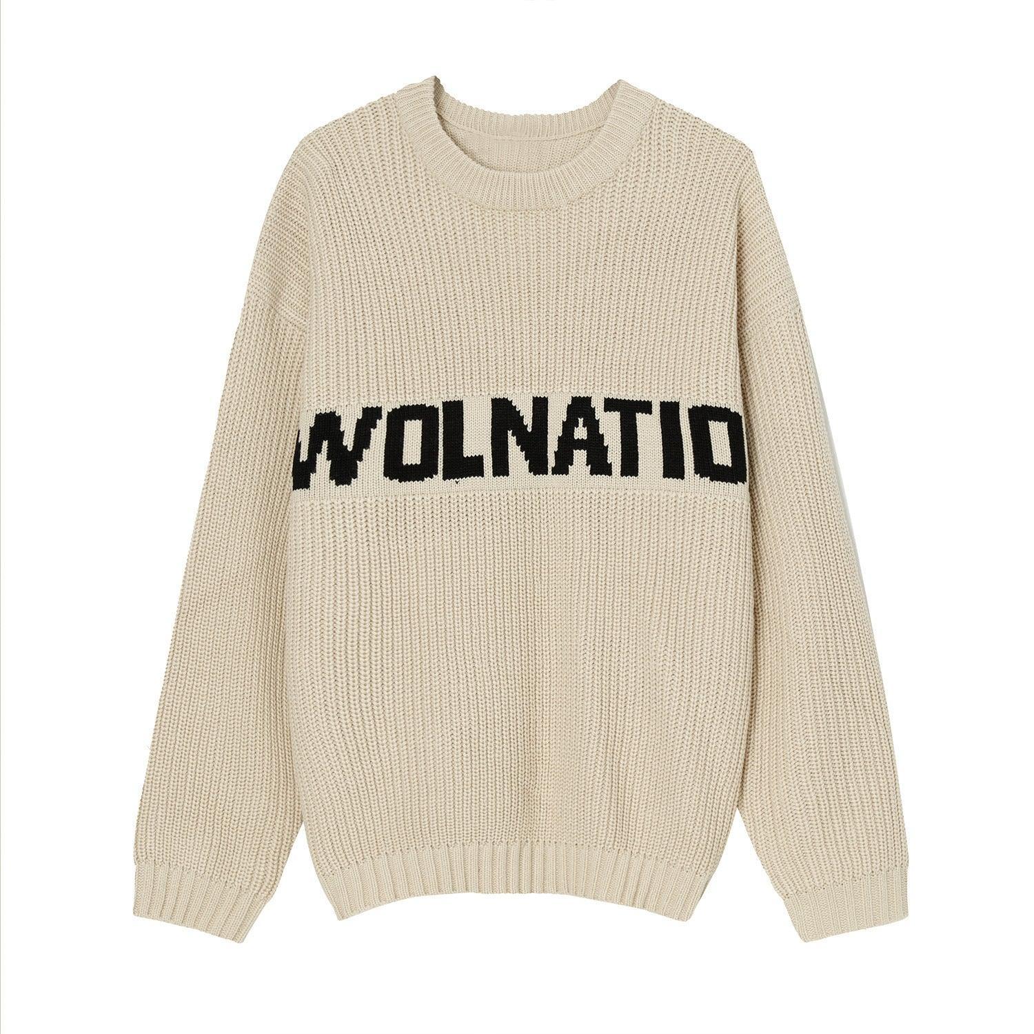 Solid Color Loose Knit Round Neck Letter Sweater - White, Khaki, Green - MRC STORE