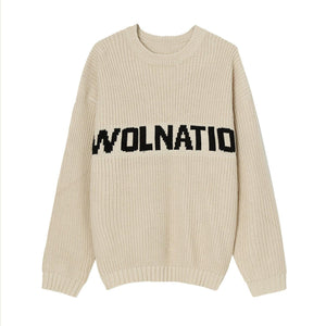 Solid Color Loose Knit Round Neck Letter Sweater - White, Khaki, Green - MRC STORE