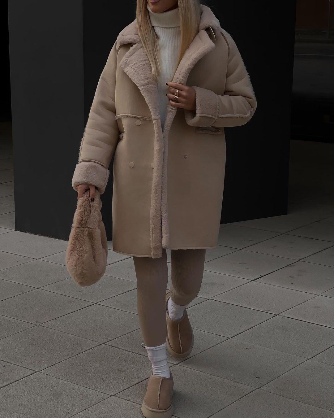 Women’s Suede Long Cardigan Coat – Plush Suit Collar with Metal Details - MRC STORE