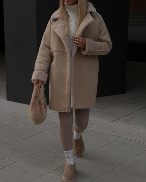 Women’s Suede Long Cardigan Coat – Plush Suit Collar with Metal Details - MRC STORE