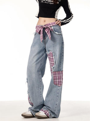 Plaid Stitching Wide Leg Jeans with Bowknot – Sweet & Trendy - MRC STORE